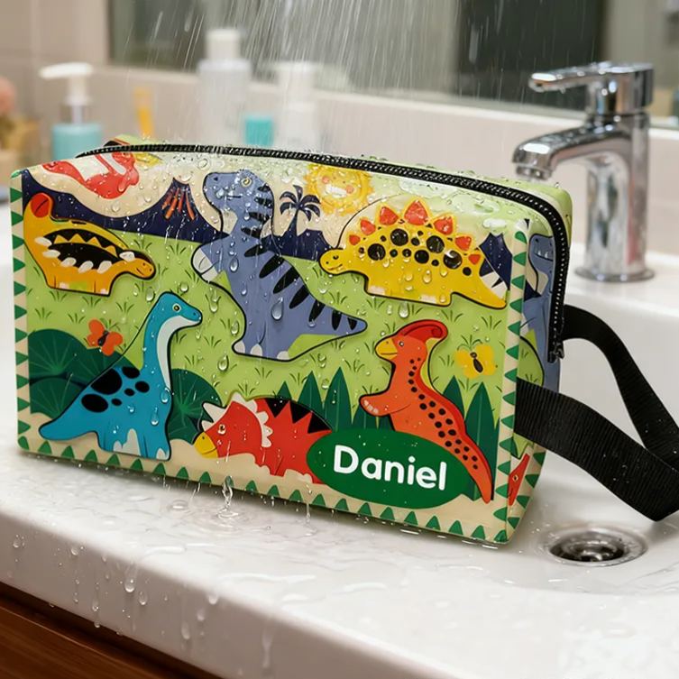 Personalized Dinosaur World Design Toiletry Bag Custom Name for Kids Travel Gifts and Daily Use