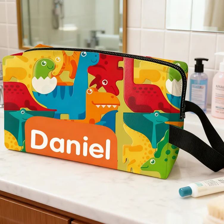 Personalized Fun Rainbow Dinosaur Toiletry Bag Custom Name for Kids Travel Gifts and Daily Use