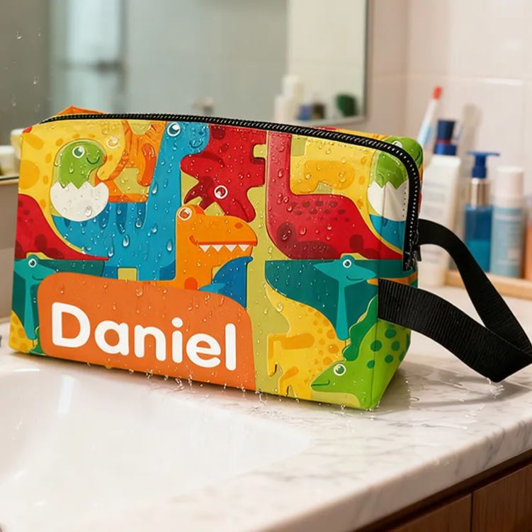 Personalized Fun Rainbow Dinosaur Toiletry Bag Custom Name for Kids Travel Gifts and Daily Use