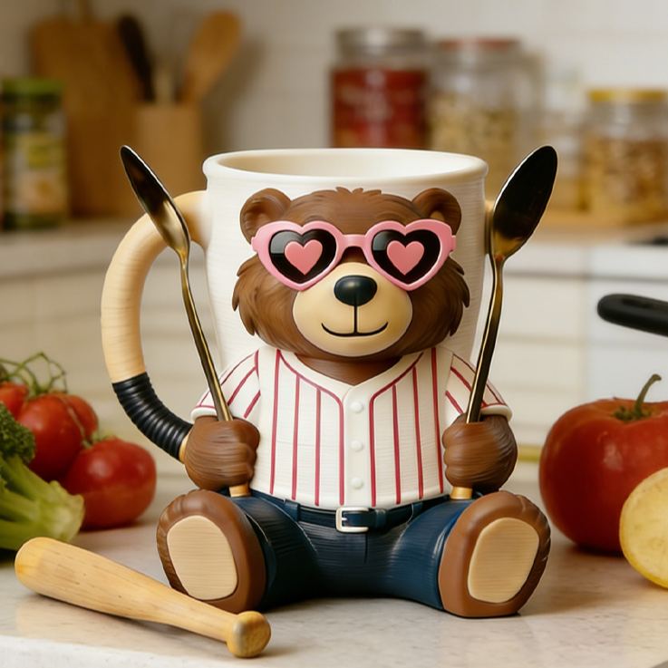Personalized Baseball Mascot Bear Ice Cream Pint Holder with Adorable Heart Sunglasses 3D Printed with Spoon Slots & Snack Drawer for Baseball and Ice Cream Enthusiasts