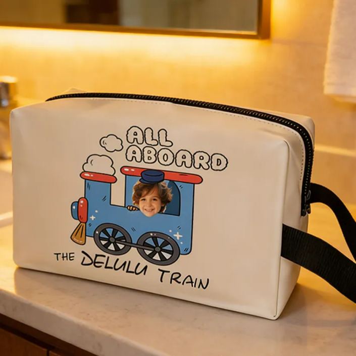 Personalized Cartoon Train Conductor Custom Kids Name and Face Toiletry Bag Design for Kids Travel Gifts and Daily Use