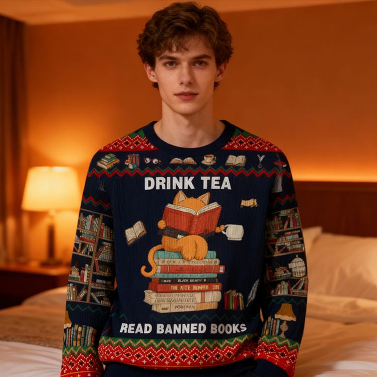 Personalized Rebel Reader Tea Time Ugly Sweater Holiday Gift for Librarians