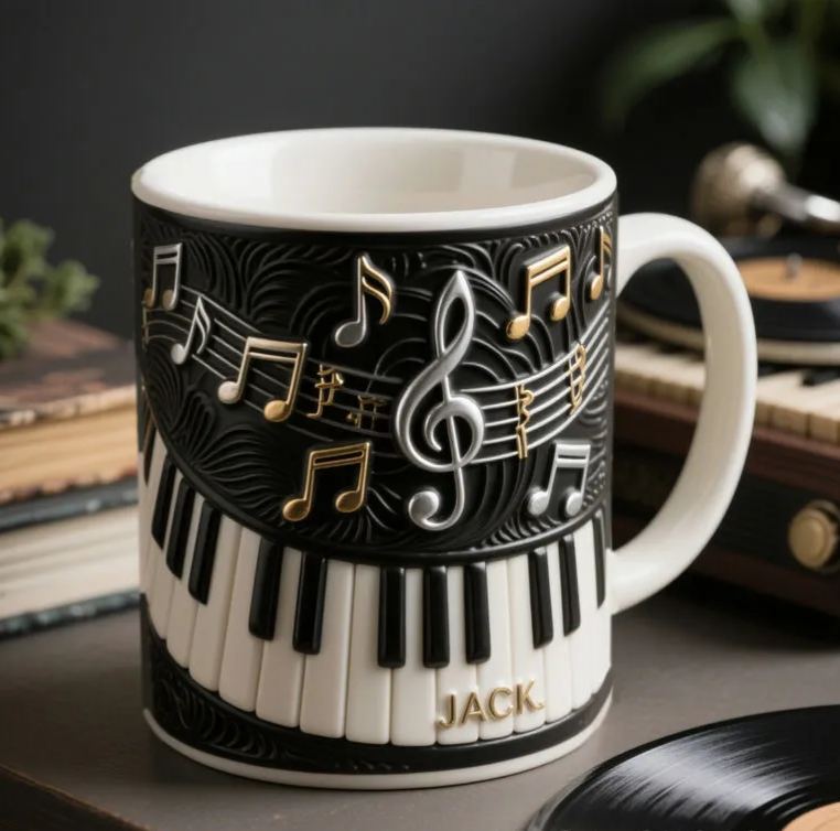 Personalized 2D Flat Melodic Keys Mug Custom Vinyl Records Themed Mug for Music Lovers