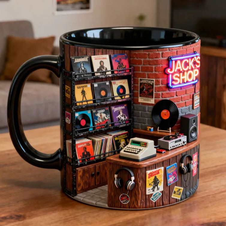Personalized 2D Flat Retro Vinyl Store Mug Custom Vinyl Records Themed Mug for Music Lovers