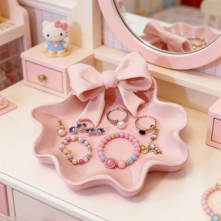 Pink Bow Shaped 3D Printed Jewelry Organizer Trinket Storage Tray Gift for Kids