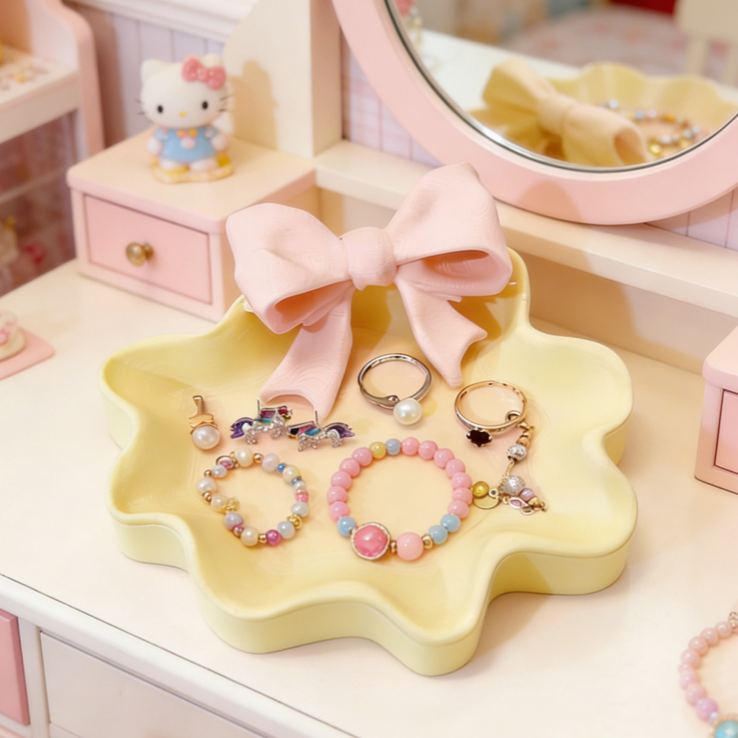 Pink Bow Shaped 3D Printed Jewelry Organizer Trinket Storage Tray Gift for Kids