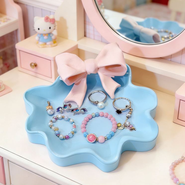 Pink Bow Shaped 3D Printed Jewelry Organizer Trinket Storage Tray Gift for Kids