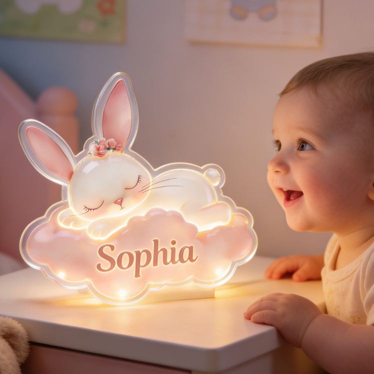 Personalized Fun Custom Name Adorable Bunny Dreamland Theme Baby Room Decoration Acrylic LED Night Light