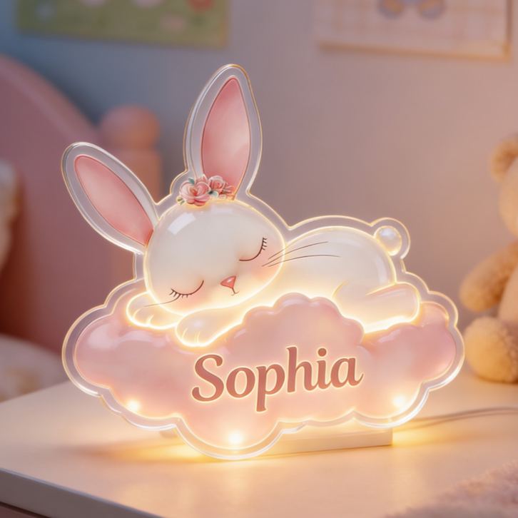 Personalized Fun Custom Name Adorable Bunny Dreamland Theme Baby Room Decoration Acrylic LED Night Light