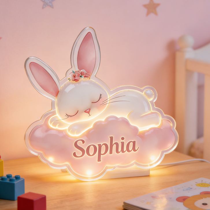Personalized Fun Custom Name Adorable Bunny Dreamland Theme Baby Room Decoration Acrylic LED Night Light