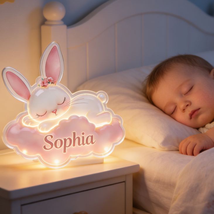Personalized Fun Custom Name Adorable Bunny Dreamland Theme Baby Room Decoration Acrylic LED Night Light