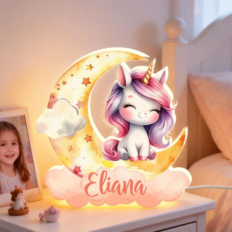 Personalized Fantasy Rainbow Horse Dreamy Moon Clouds Acrylic LED Night Light with Name Nursery Decor Birthday Baby Shower Gift for Girls