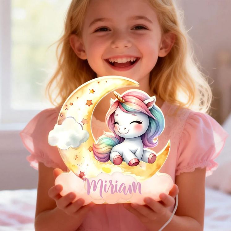 Personalized Fantasy Rainbow Horse Dreamy Moon Clouds Acrylic LED Night Light with Name Nursery Decor Birthday Baby Shower Gift for Girls