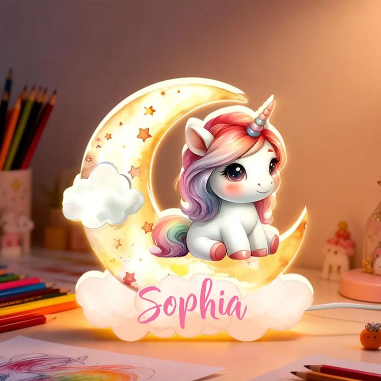 Personalized Fantasy Rainbow Horse Dreamy Moon Clouds Acrylic LED Night Light with Name Nursery Decor Birthday Baby Shower Gift for Girls