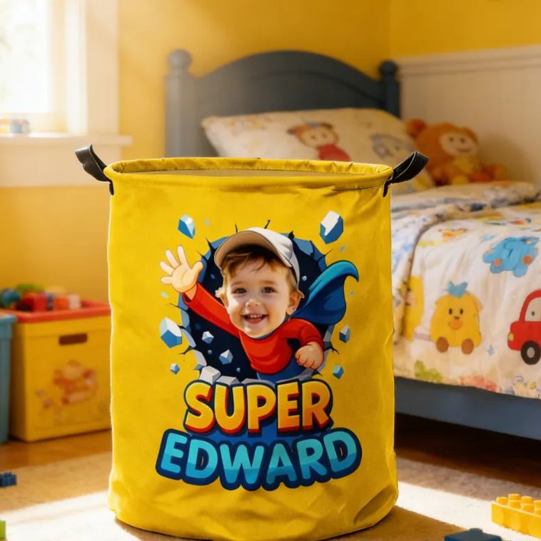 Personalized Whimsical Kids Laundry Hamper Large Waterproof with Handle Custom Photo and Name Embroidery Kids Holiday Gift