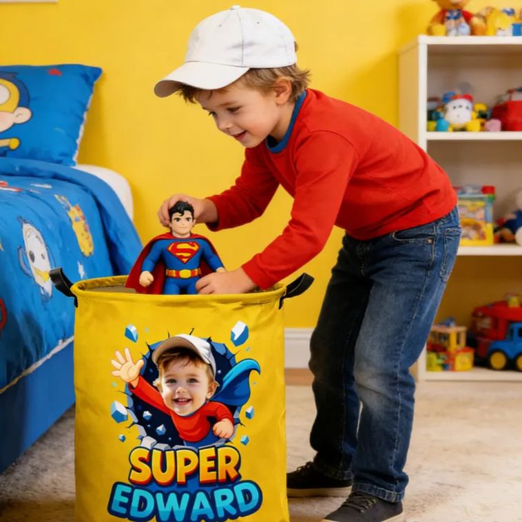 Personalized Whimsical Kids Laundry Hamper Large Waterproof with Handle Custom Photo and Name Embroidery Kids Holiday Gift
