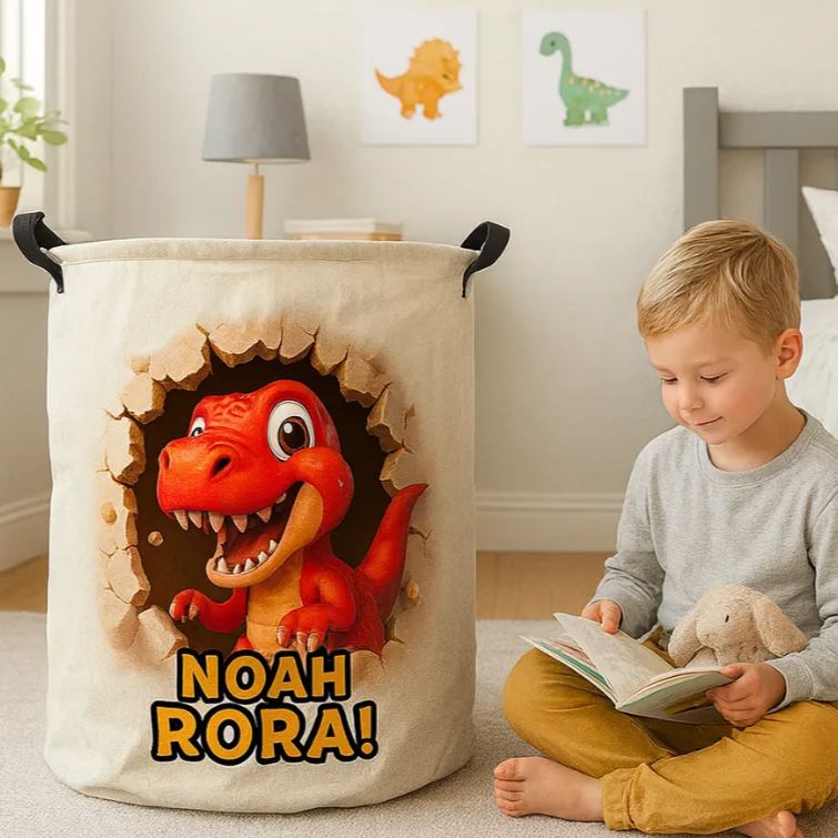 Personalized Dino Blast Adventure Theme Large Waterproof Laundry Hamper with Handle Custom Name Embroidery Kids Holiday Gift
