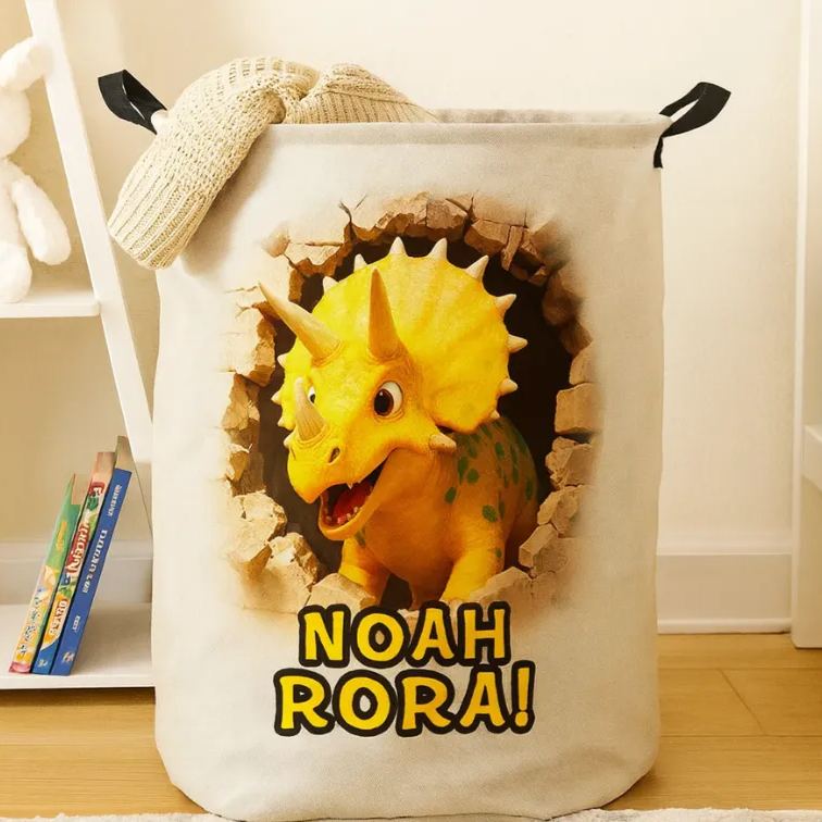Personalized Dino Blast Adventure Theme Large Waterproof Laundry Hamper with Handle Custom Name Embroidery Kids Holiday Gift