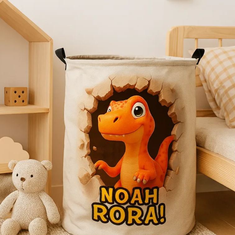 Personalized Dino Blast Adventure Theme Large Waterproof Laundry Hamper with Handle Custom Name Embroidery Kids Holiday Gift