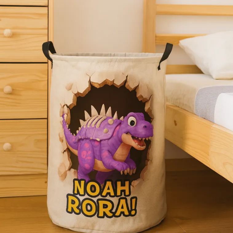 Personalized Dino Blast Adventure Theme Large Waterproof Laundry Hamper with Handle Custom Name Embroidery Kids Holiday Gift