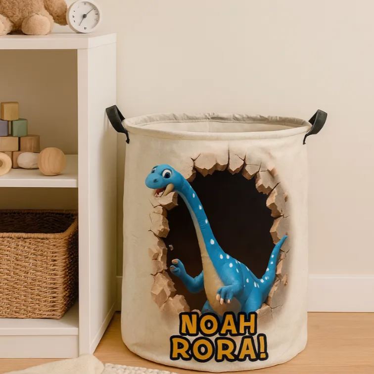 Personalized Dino Blast Adventure Theme Large Waterproof Laundry Hamper with Handle Custom Name Embroidery Kids Holiday Gift