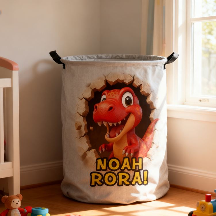 Personalized Dino Blast Adventure Theme Large Waterproof Laundry Hamper with Handle Custom Name Embroidery Kids Holiday Gift