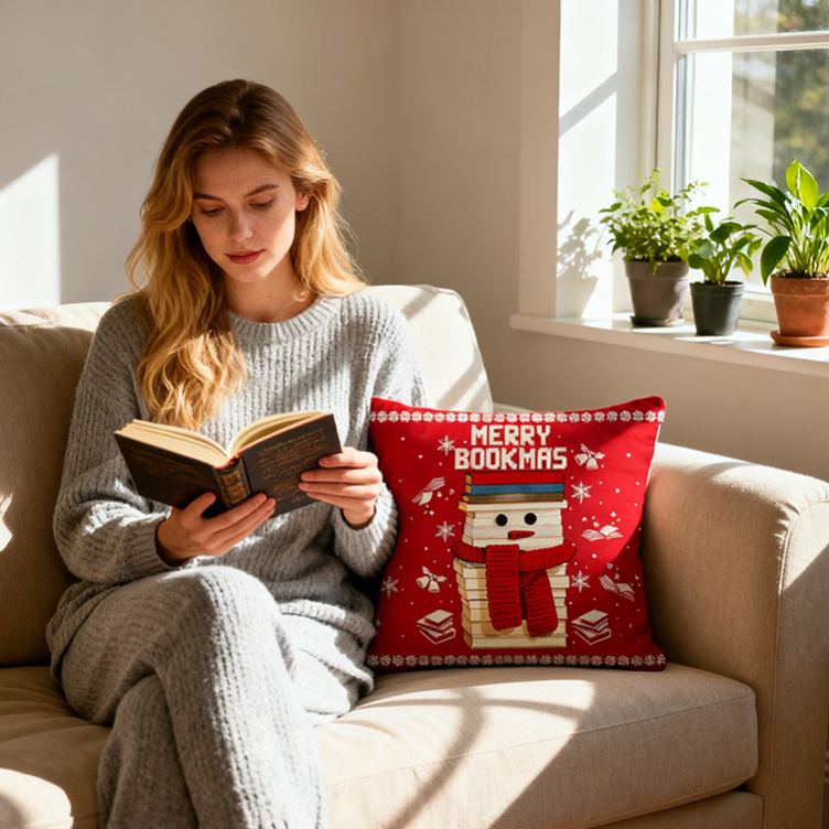 Personalized Christmas Bookworm Pillow with Name Warm Holiday Gift for Book Lovers
