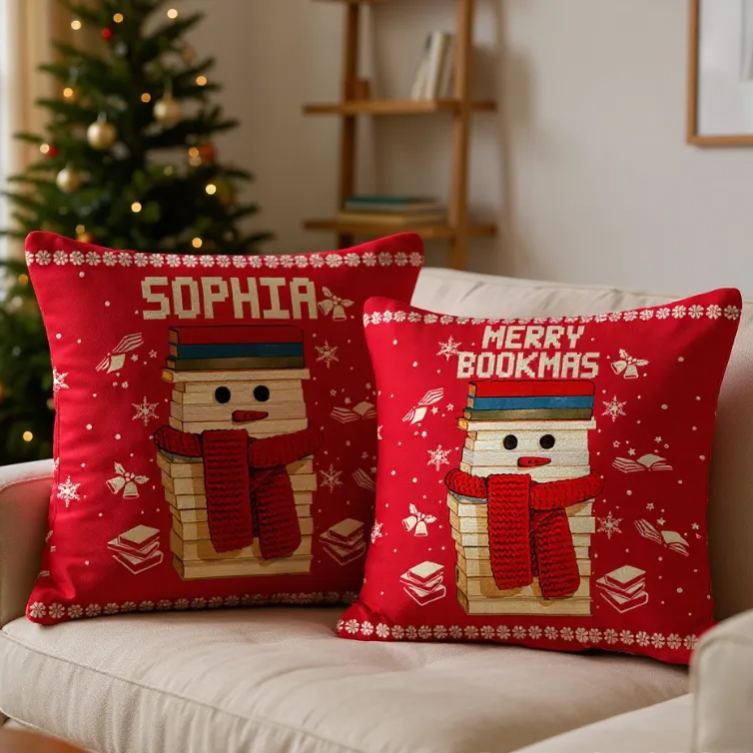 Personalized Christmas Bookworm Pillow with Name Warm Holiday Gift for Book Lovers