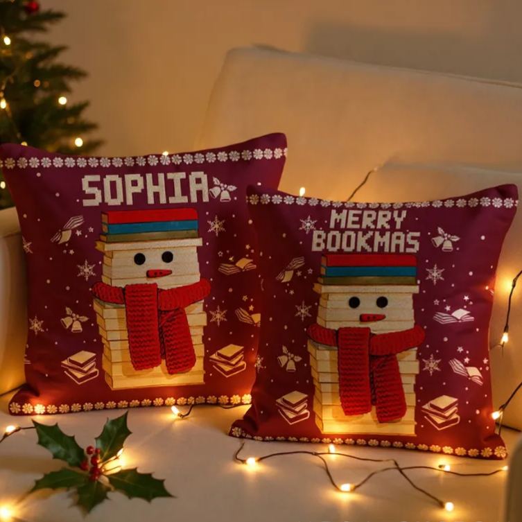 Personalized Christmas Bookworm Pillow with Name Warm Holiday Gift for Book Lovers