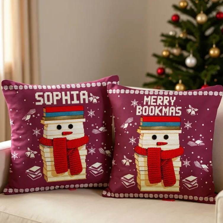 Personalized Christmas Bookworm Pillow with Name Warm Holiday Gift for Book Lovers