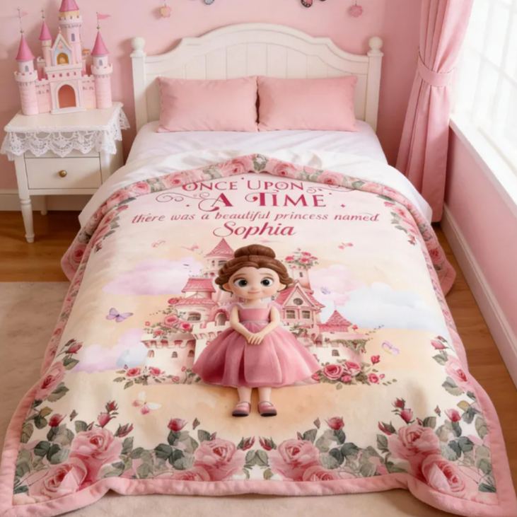 Personalized Once Upon A Time There Was A Beautiful Princess Blanket with Name Home Decor Birthday Gift for Kids