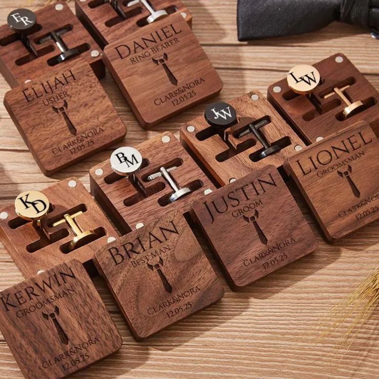 Personalized Wooden Cufflink Box Set Groomsman Proposal Cufflinks Box Set with Cuff Link Elegant Wedding Party Favors Cufflinks for Men Best Man Gift