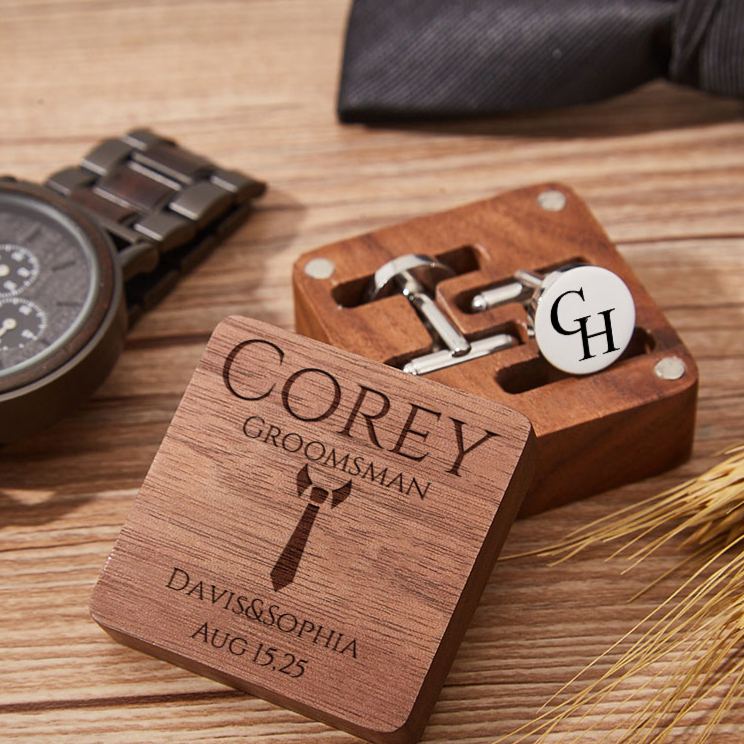 Personalized Wooden Cufflink Box Set Groomsman Proposal Cufflinks Box Set with Cuff Link Elegant Wedding Party Favors Cufflinks for Men Best Man Gift