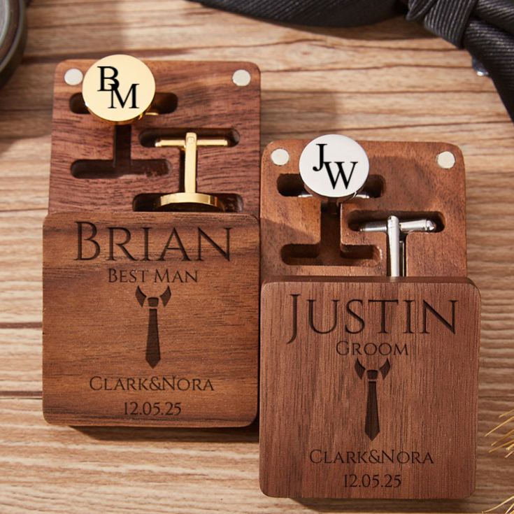 Personalized Wooden Cufflink Box Set Groomsman Proposal Cufflinks Box Set with Cuff Link Elegant Wedding Party Favors Cufflinks for Men Best Man Gift