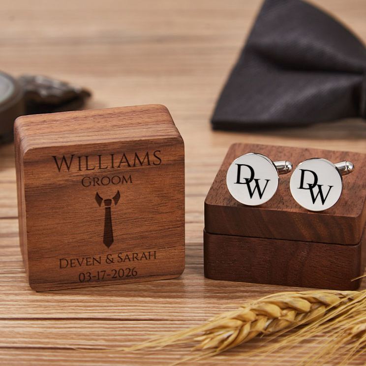 Personalized Wooden Cufflink Box Set Groomsman Proposal Cufflinks Box Set with Cuff Link Elegant Wedding Party Favors Cufflinks for Men Best Man Gift