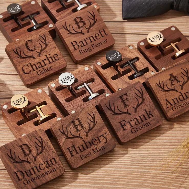 Personalized Groomsmen Cufflink Box Set Wooden Cufflink Box with Cufflinks Rustic Antler Design Cufflinks Wedding Party Gift for Groom Best Man
