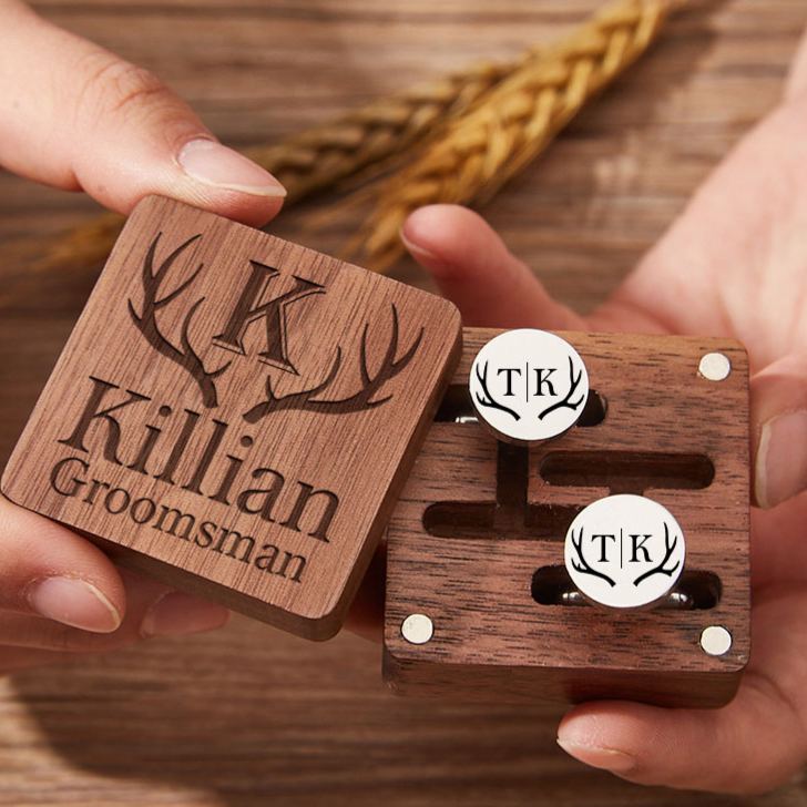 Personalized Groomsmen Cufflink Box Set Wooden Cufflink Box with Cufflinks Rustic Antler Design Cufflinks Wedding Party Gift for Groom Best Man