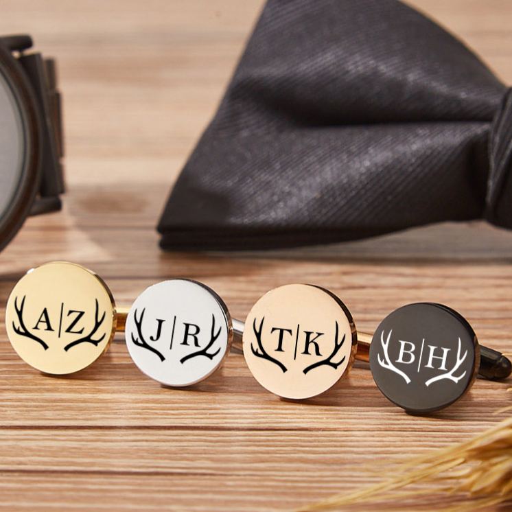 Personalized Groomsmen Cufflink Box Set Wooden Cufflink Box with Cufflinks Rustic Antler Design Cufflinks Wedding Party Gift for Groom Best Man