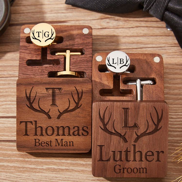 Personalized Groomsmen Cufflink Box Set Wooden Cufflink Box with Cufflinks Rustic Antler Design Cufflinks Wedding Party Gift for Groom Best Man