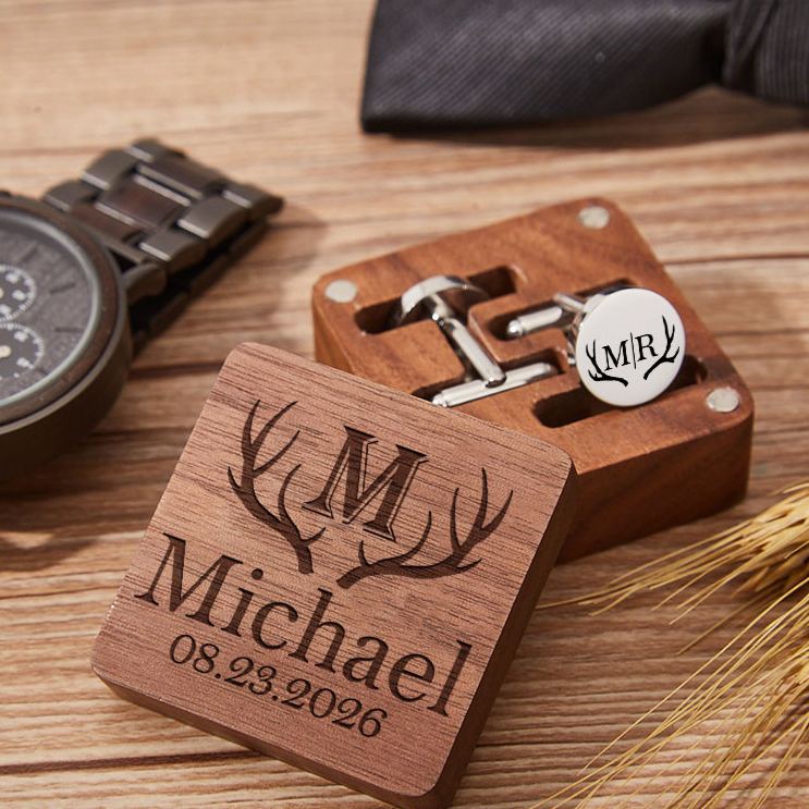 Personalized Groomsmen Cufflink Box Set Wooden Cufflink Box with Cufflinks Rustic Antler Design Cufflinks Wedding Party Gift for Groom Best Man