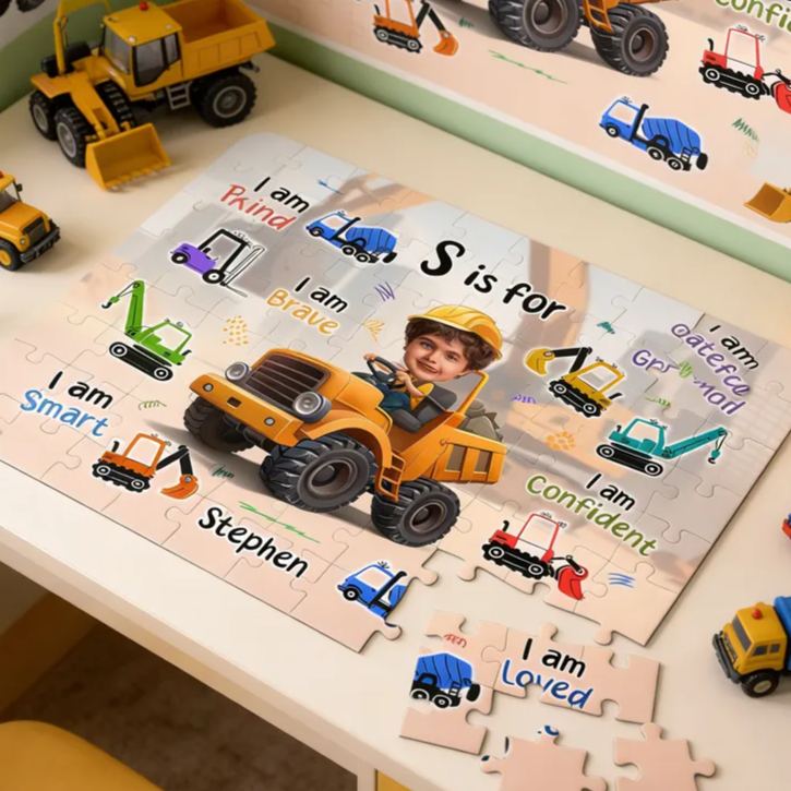 Personalized Little Boy Construction Truck Board Game Photo Jigsaw Puzzle Gift for Sons Kids 
