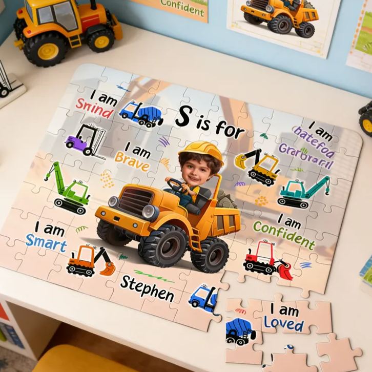 Personalized Little Boy Construction Truck Board Game Photo Jigsaw Puzzle Gift for Sons Kids 