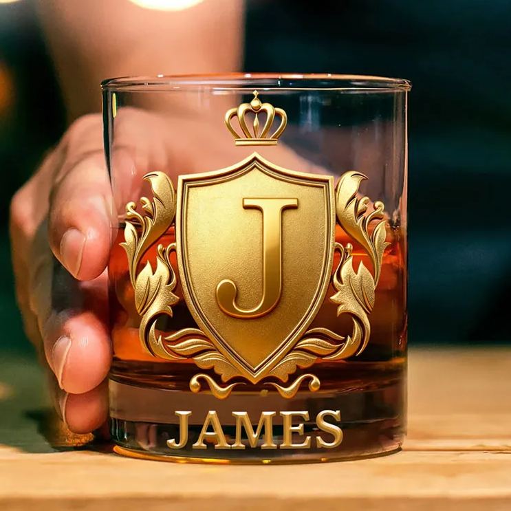 Personalized Rock Old Fashioned Whiskey Glass for Husband Boyfriend Golden 3D Graphic Badge Initial Named Whiskey Glass Birthday Gift for Man