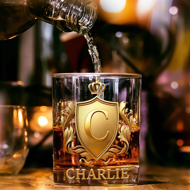 Personalized Rock Old Fashioned Whiskey Glass for Husband Boyfriend Golden 3D Graphic Badge Initial Named Whiskey Glass Birthday Gift for Man