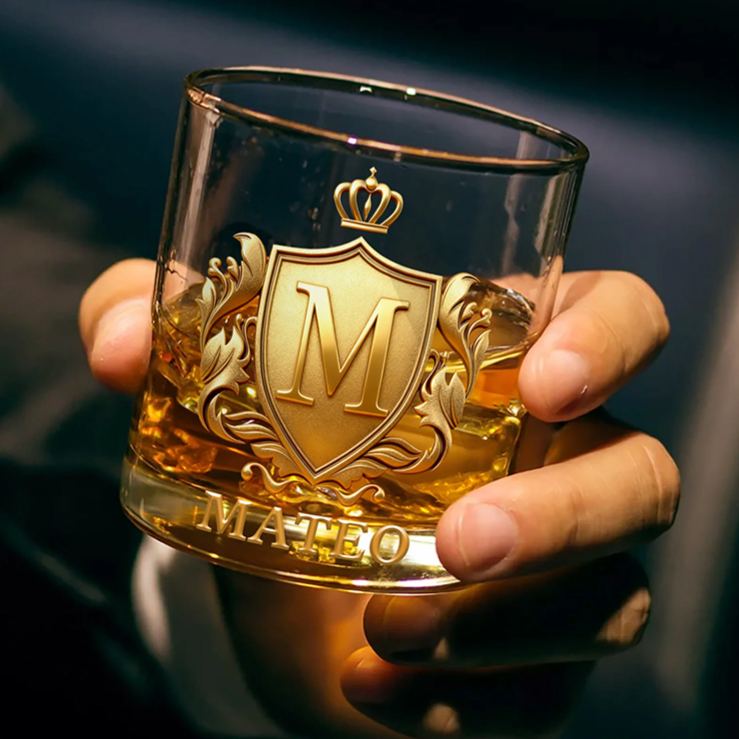 Personalized Rock Old Fashioned Whiskey Glass for Husband Boyfriend Golden 3D Graphic Badge Initial Named Whiskey Glass Birthday Gift for Man