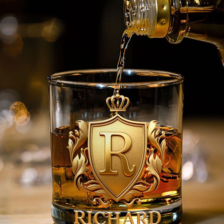 Personalized Rock Old Fashioned Whiskey Glass for Husband Boyfriend Golden 3D Graphic Badge Initial Named Whiskey Glass Birthday Gift for Man