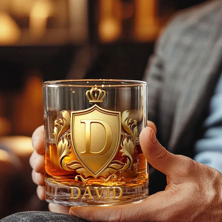 Personalized Rock Old Fashioned Whiskey Glass for Husband Boyfriend Golden 3D Graphic Badge Initial Named Whiskey Glass Birthday Gift for Man