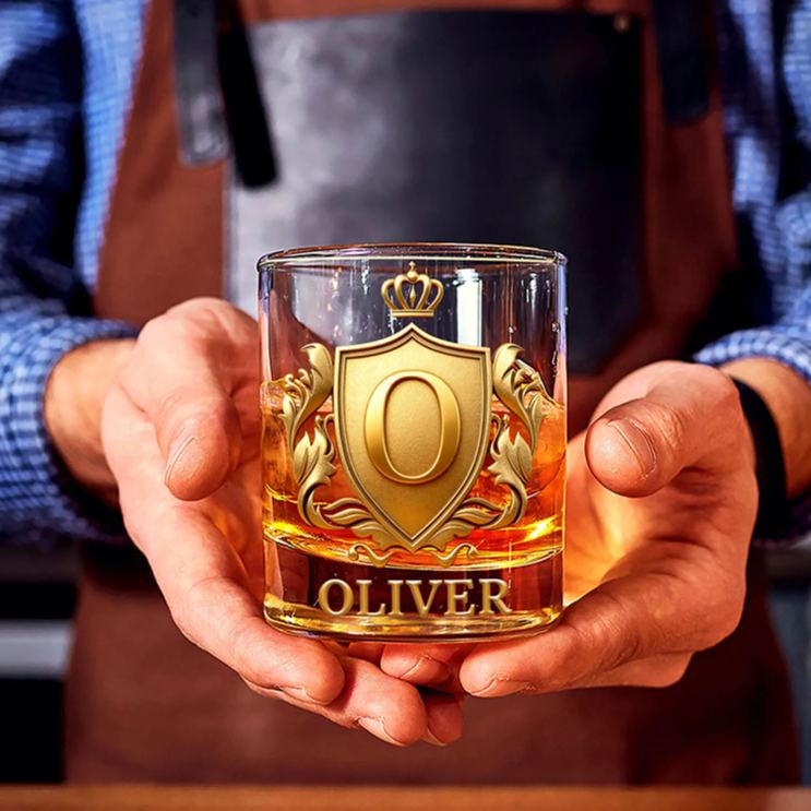 Personalized Rock Old Fashioned Whiskey Glass for Husband Boyfriend Golden 3D Graphic Badge Initial Named Whiskey Glass Birthday Gift for Man