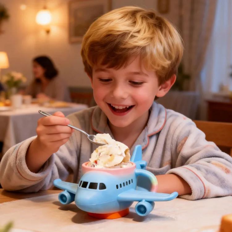 Personalized Airplane Theme Custom Name Cute Blue Plane Shape Ice Cream Holder 3D Printed Cozy with Spoon Slot