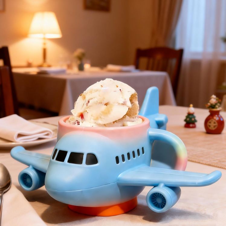Personalized Airplane Theme Custom Name Cute Blue Plane Shape Ice Cream Holder 3D Printed Cozy with Spoon Slot